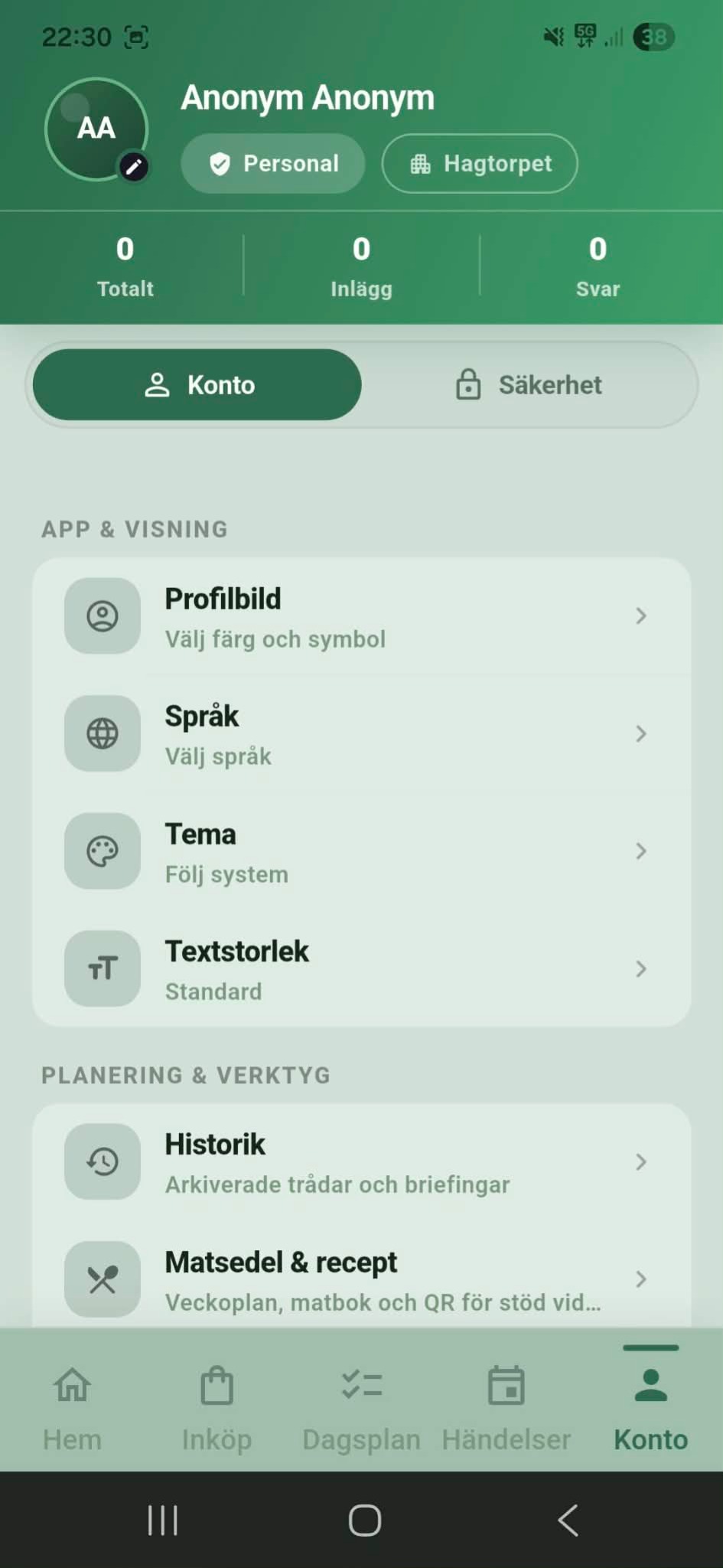 Profil och inställningar i appen